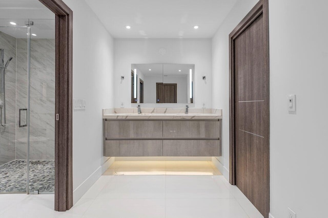 21481 Cypress Hammock Dr Unit 31B, Boca Raton, FL 33428 - full bath with double vanity, tile patterned flooring, a sink, a marble finish shower, and recessed lighting