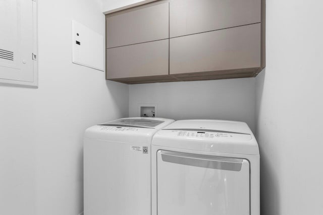 21481 Cypress Hammock Dr Unit 31B, Boca Raton, FL 33428 - laundry room featuring cabinet space, electric panel, and washer and dryer