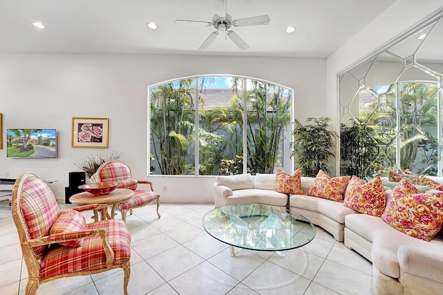living room with recessed lighting, light tile patterned flooring, and ceiling fan