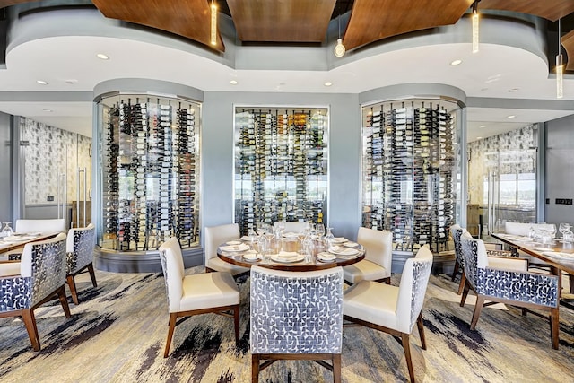 wine area with wood finished floors and recessed lighting