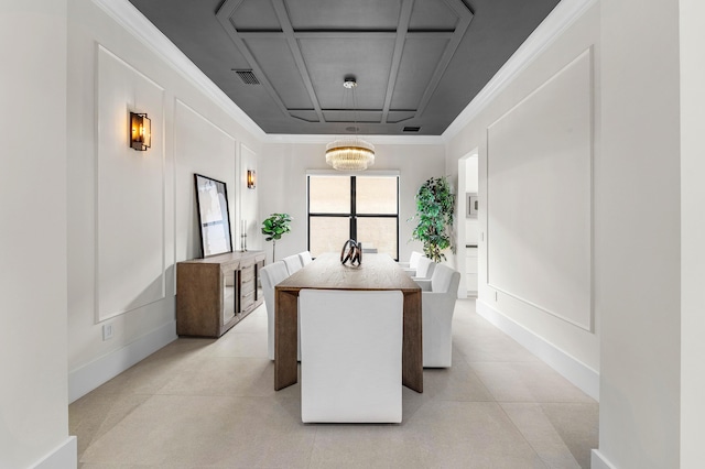 16491 Gateway Bridge Dr, Delray Beach, FL 33446 - dining room featuring a chandelier, light tile patterned floors, coffered ceiling, a decorative wall, and ornamental molding