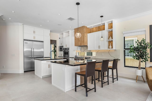 16491 Gateway Bridge Dr, Delray Beach, FL 33446 - kitchen with appliances with stainless steel finishes, open shelves, a peninsula, dark countertops, and recessed lighting