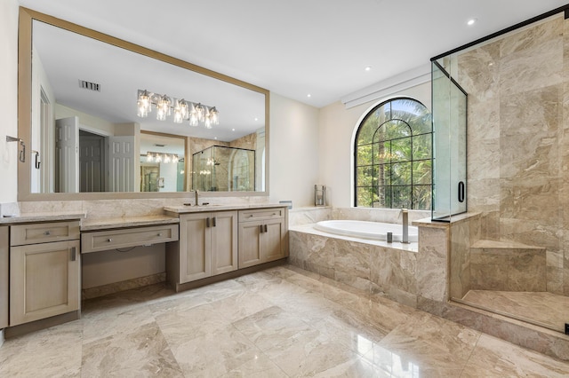 16491 Gateway Bridge Dr, Delray Beach, FL 33446 - bathroom with a shower stall, a garden tub, vanity, marble finish floors, and recessed lighting