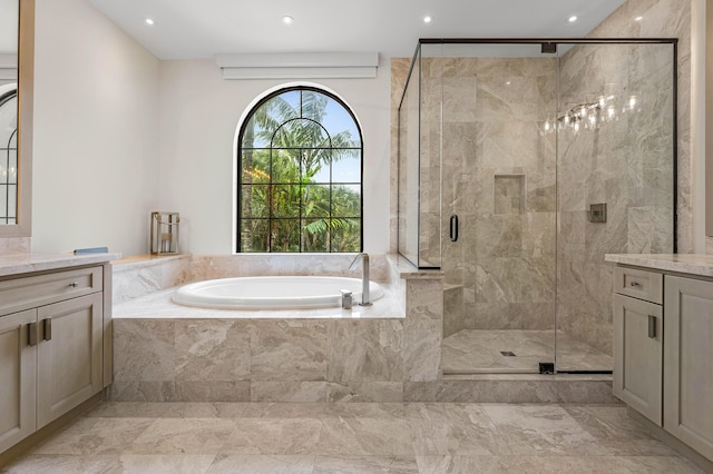 16491 Gateway Bridge Dr, Delray Beach, FL 33446 - bathroom with vanity, a bath, a marble finish shower, marble finish floors, and recessed lighting