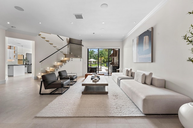 16491 Gateway Bridge Dr, Delray Beach, FL 33446 - living room featuring ornamental molding, stairs, recessed lighting, and baseboards