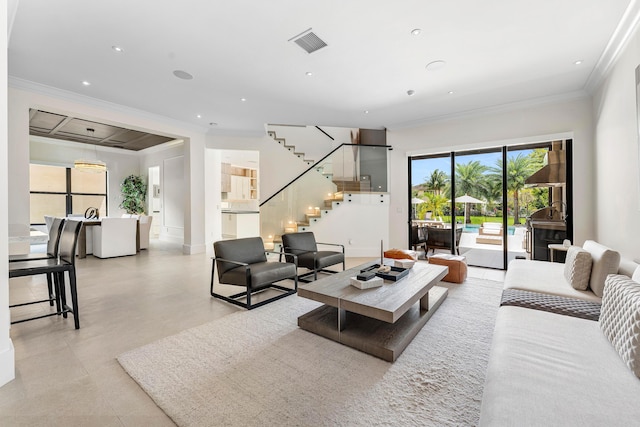 16491 Gateway Bridge Dr, Delray Beach, FL 33446 - living area with crown molding, stairs, and recessed lighting