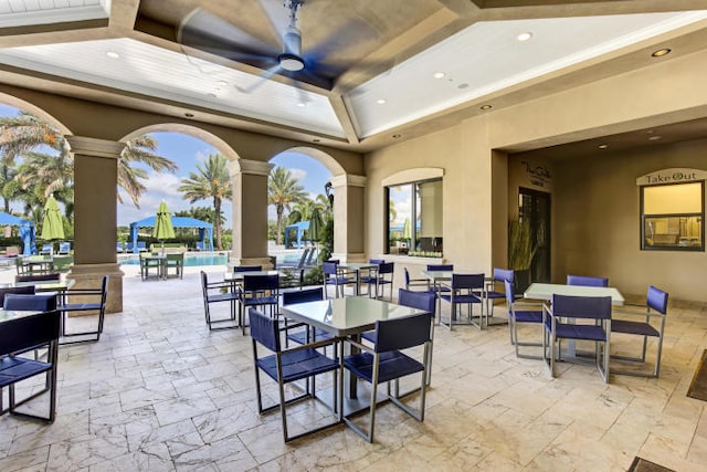 16491 Gateway Bridge Dr, Delray Beach, FL 33446 - view of patio with an outdoor pool, outdoor dining space, and ceiling fan