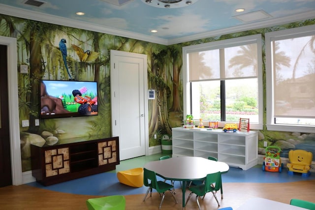 16491 Gateway Bridge Dr, Delray Beach, FL 33446 - playroom featuring wallpapered walls, crown molding, recessed lighting, baseboards, and wood finished floors