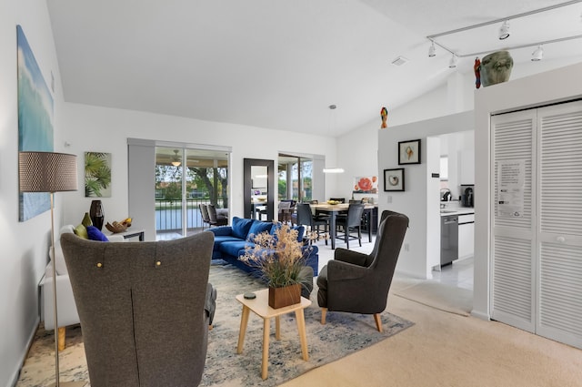 9927 Seacrest Cir Unit 202, Boynton Beach, FL 33437 - living area with rail lighting, light colored carpet, and lofted ceiling