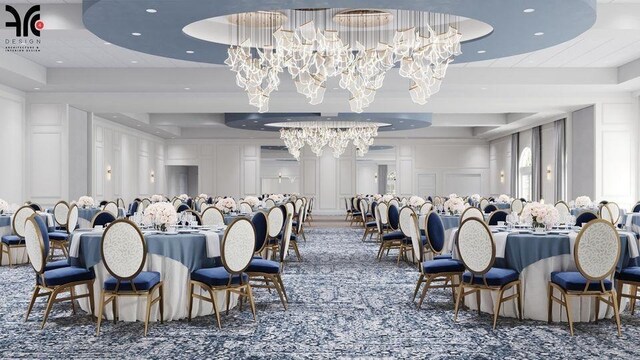 9927 Seacrest Cir Unit 202, Boynton Beach, FL 33437 - dining space featuring a towering ceiling, recessed lighting, a raised ceiling, a chandelier, and carpet