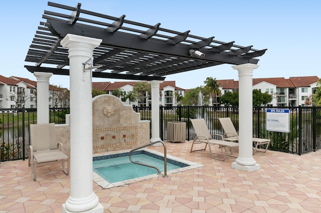 view of swimming pool with a patio, fence, a pergola, and a residential view