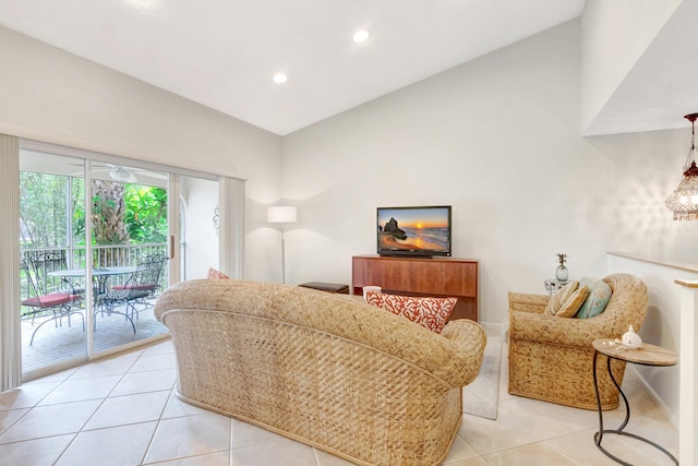 6488 Via Regina, Boca Raton, FL 33433 - living room with light tile patterned floors, lofted ceiling, and recessed lighting