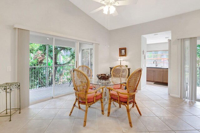 6488 Via Regina, Boca Raton, FL 33433 - dining area featuring lofted ceiling, a ceiling fan, and light tile patterned flooring