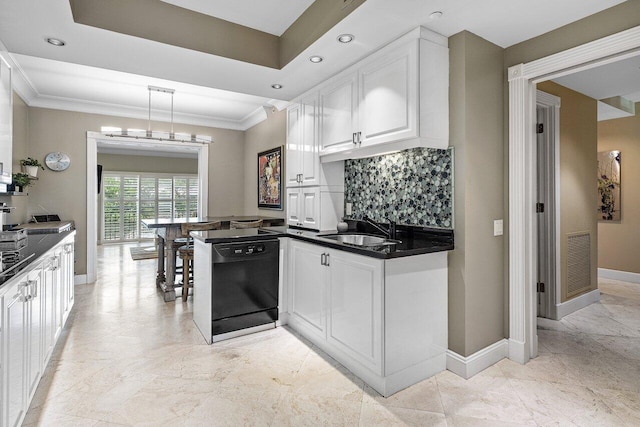 kitchen with white cabinets, visible vents, dishwasher, a sink, and dark countertops