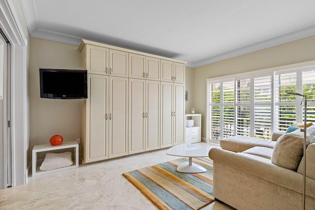 living room with marble finish floor and ornamental molding