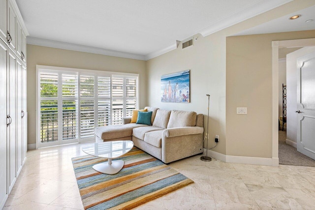 living room featuring crown molding, baseboards, and visible vents