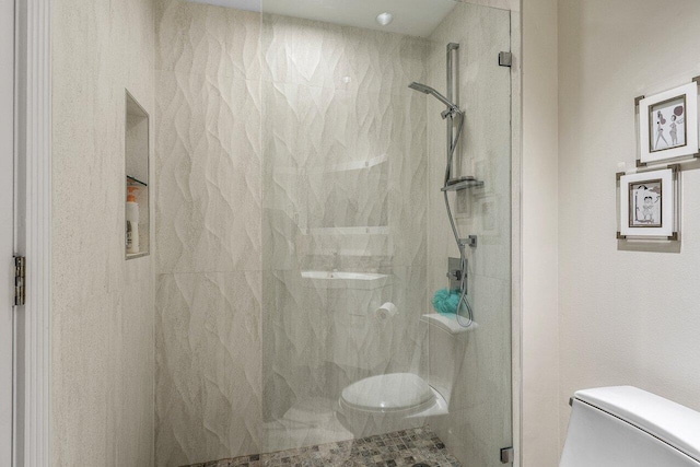 bathroom with toilet and a stall shower