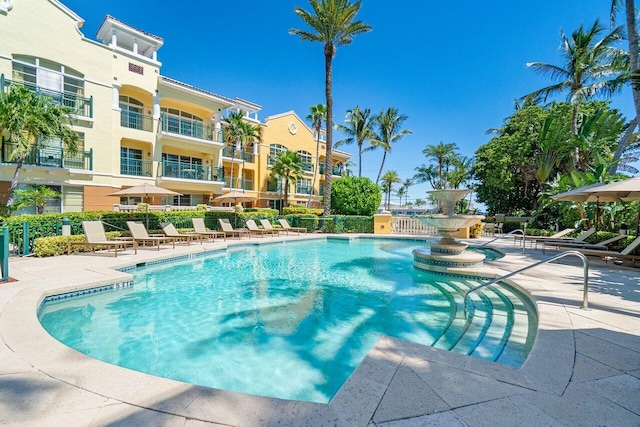 view of swimming pool featuring a patio area
