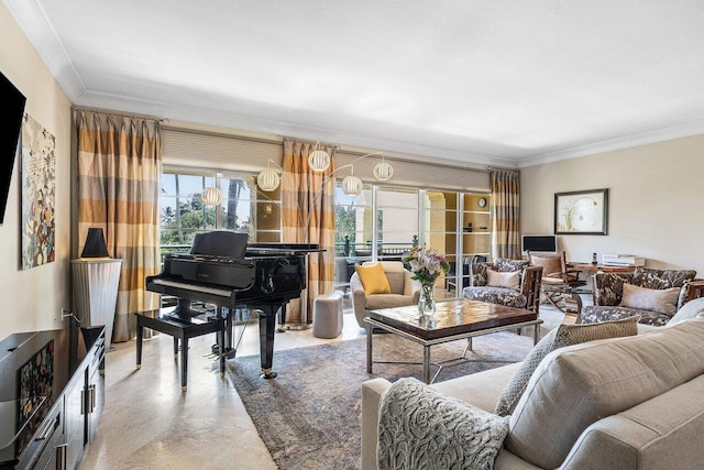 living area with ornamental molding and plenty of natural light