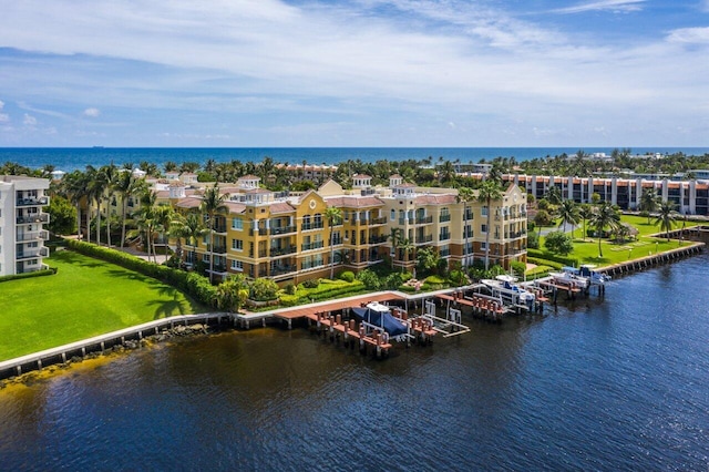 bird's eye view with a water view