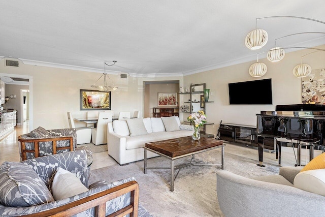 living area with visible vents and ornamental molding