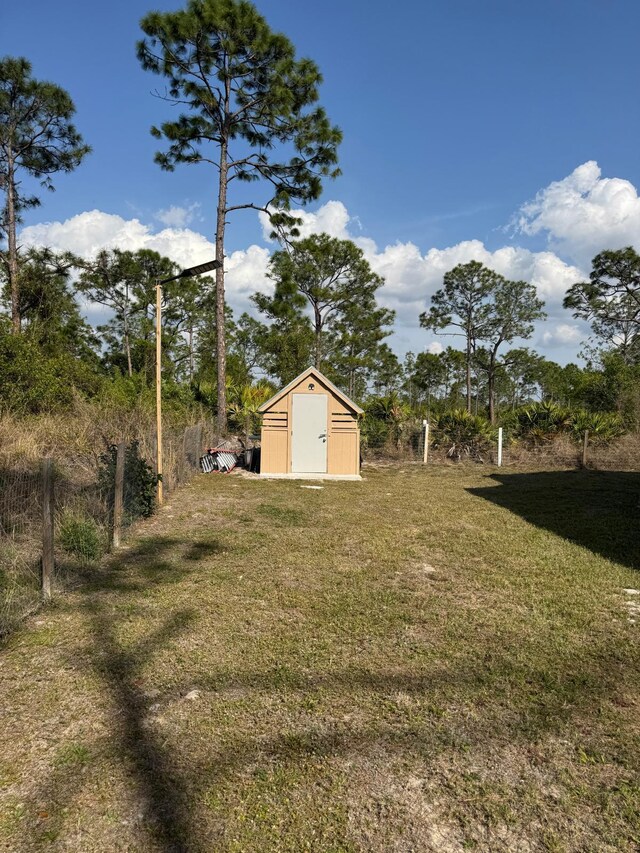 view of yard with a storage shed and an outbuilding