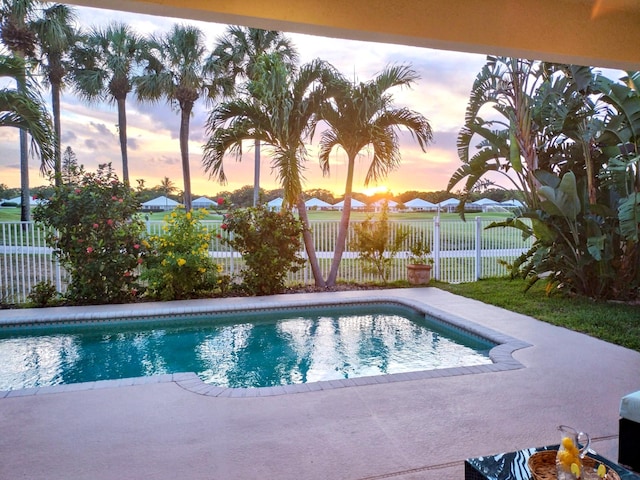 view of swimming pool featuring a fenced in pool, fence, and a patio