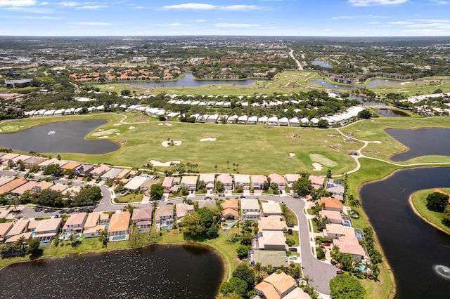 bird's eye view featuring a residential view, a water view, and golf course view