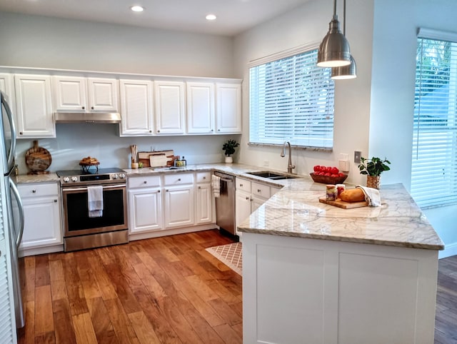 kitchen with a sink, plenty of natural light, light wood-style flooring, stainless steel appliances, and a peninsula