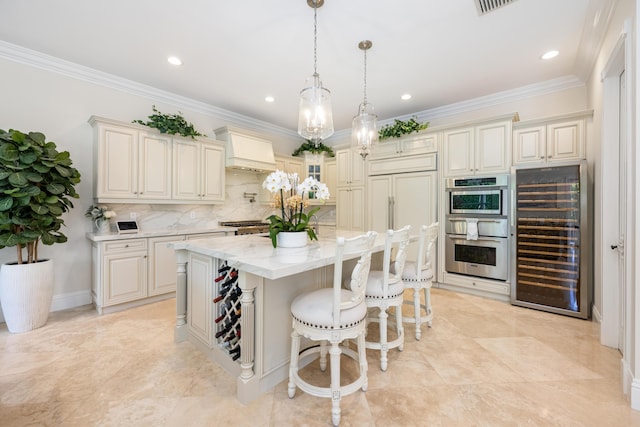 712 NE 71st St, Boca Raton, FL 33487 - kitchen featuring beverage cooler, paneled refrigerator, crown molding, decorative backsplash, and custom range hood