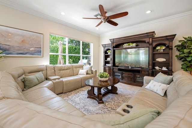 712 NE 71st St, Boca Raton, FL 33487 - living room featuring visible vents, ornamental molding, recessed lighting, and ceiling fan