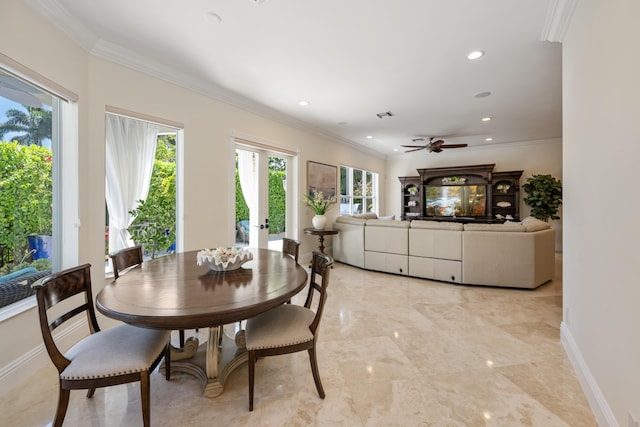 712 NE 71st St, Boca Raton, FL 33487 - dining area with crown molding, marble finish floor, a ceiling fan, and recessed lighting