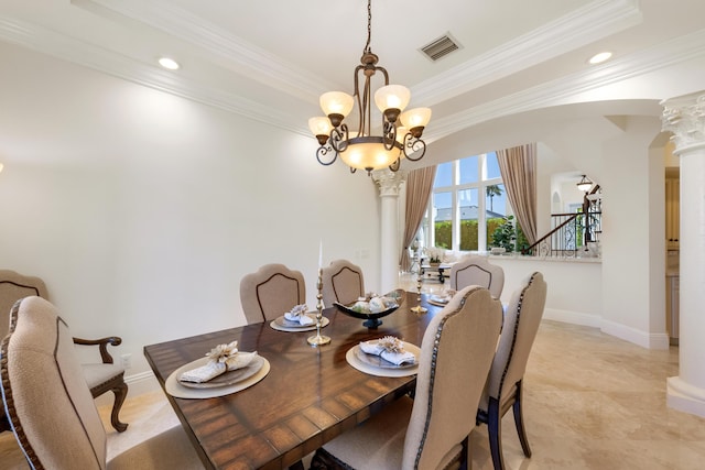 712 NE 71st St, Boca Raton, FL 33487 - dining area with a notable chandelier, ornamental molding, visible vents, decorative columns, and arched walkways