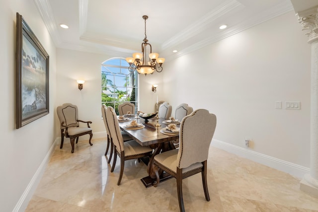 712 NE 71st St, Boca Raton, FL 33487 - dining space with a tray ceiling, ornamental molding, recessed lighting, and an inviting chandelier