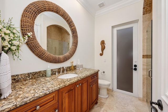 712 NE 71st St, Boca Raton, FL 33487 - bathroom with crown molding, a shower stall, vanity, visible vents, and toilet