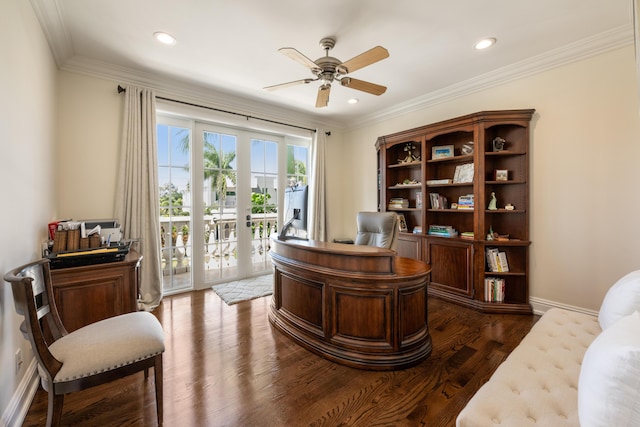 712 NE 71st St, Boca Raton, FL 33487 - office featuring recessed lighting, baseboards, dark wood-style floors, and ceiling fan