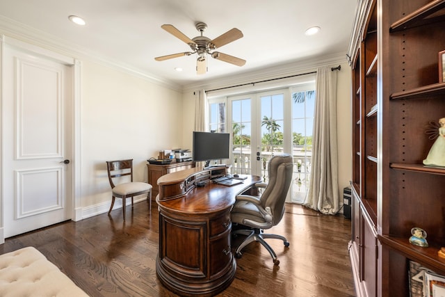 712 NE 71st St, Boca Raton, FL 33487 - home office with dark wood-type flooring, ornamental molding, a ceiling fan, recessed lighting, and baseboards