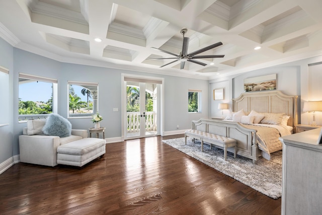 712 NE 71st St, Boca Raton, FL 33487 - bedroom with dark wood-style flooring, ornamental molding, access to exterior, and coffered ceiling