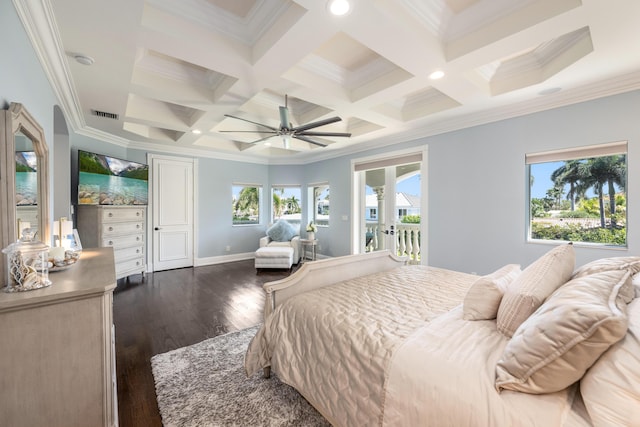712 NE 71st St, Boca Raton, FL 33487 - bedroom featuring visible vents, ornamental molding, dark wood finished floors, beam ceiling, and access to exterior