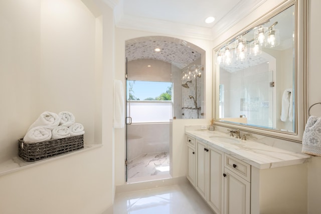 712 NE 71st St, Boca Raton, FL 33487 - bathroom with crown molding, a stall shower, and vanity