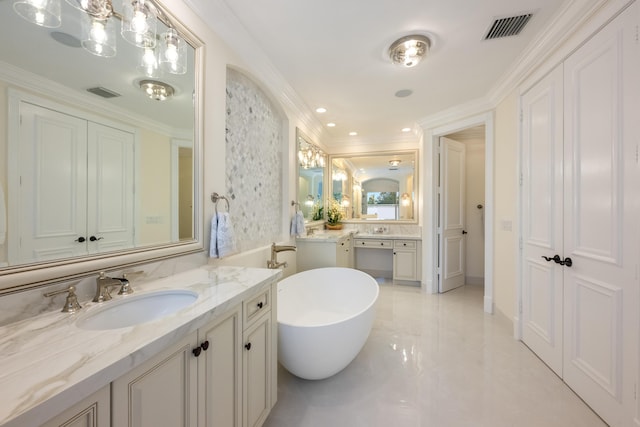 712 NE 71st St, Boca Raton, FL 33487 - bathroom with a freestanding bath, crown molding, a sink, and visible vents