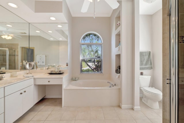 2857 SE Pace Dr, Port Saint Lucie, FL 34984 - bathroom featuring vanity, tile patterned floors, toilet, a shower stall, and ceiling fan