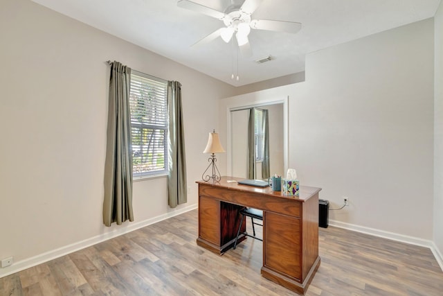 2857 SE Pace Dr, Port Saint Lucie, FL 34984 - office area with light wood-type flooring, ceiling fan, baseboards, and visible vents