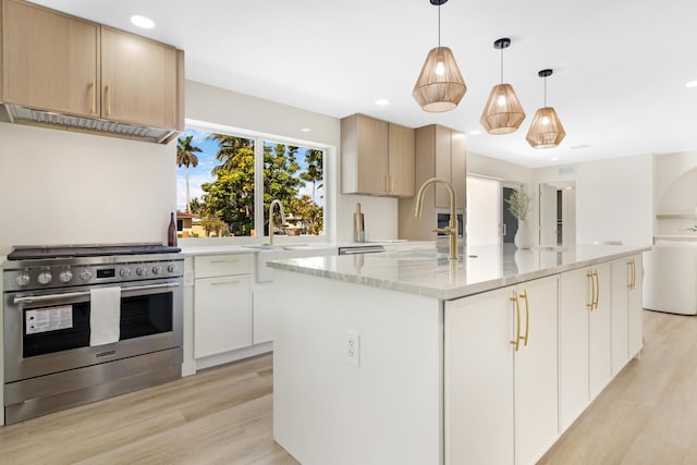 841 SE 5th Ter, Pompano Beach, FL 33060 - kitchen with high end stainless steel range oven, light wood-style flooring, a sink, and light stone counters
