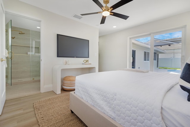 841 SE 5th Ter, Pompano Beach, FL 33060 - bedroom with recessed lighting, visible vents, a ceiling fan, light wood-style floors, and ensuite bath