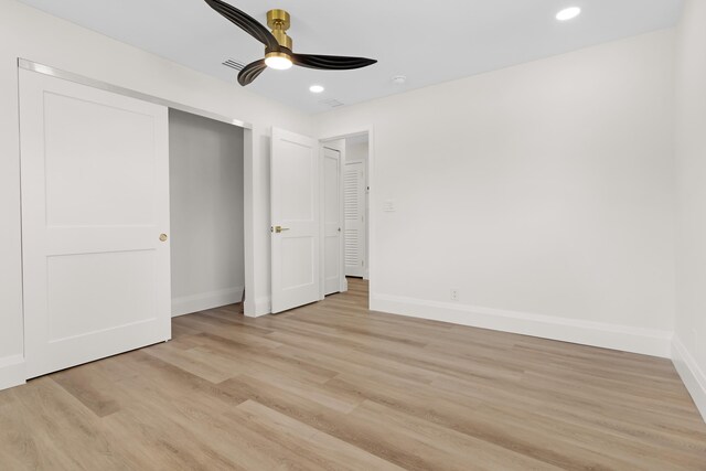 841 SE 5th Ter, Pompano Beach, FL 33060 - unfurnished bedroom featuring ceiling fan, light wood finished floors, baseboards, visible vents, and recessed lighting