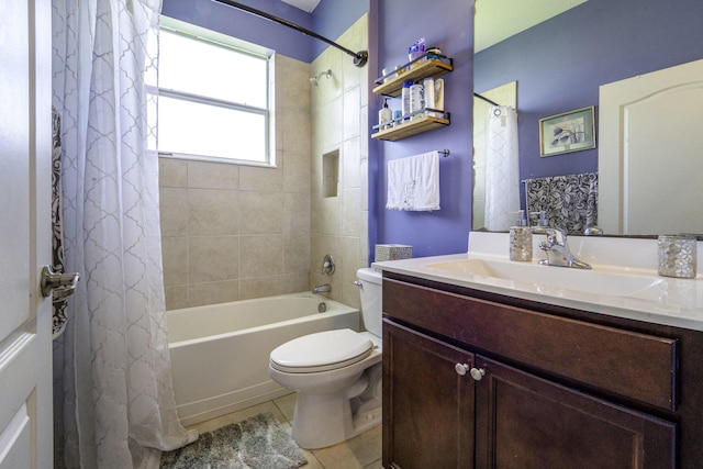 full bathroom featuring tile patterned floors, vanity, shower / bathtub combination with curtain, and toilet