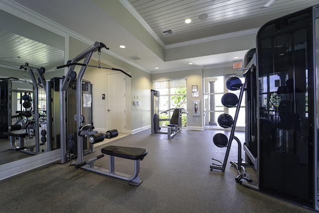 gym featuring baseboards, ornamental molding, visible vents, and recessed lighting