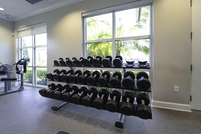 workout area with a healthy amount of sunlight, baseboards, ornamental molding, and visible vents