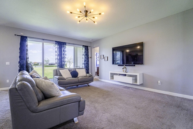 carpeted living area featuring baseboards and a chandelier